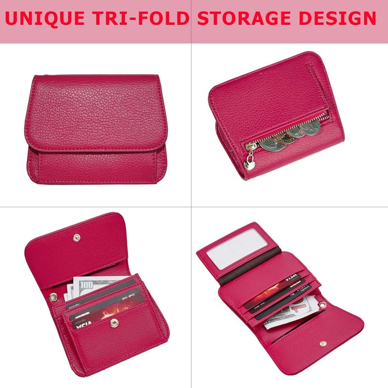 Sunpour Women Small Wallet RFID Blocking Slim Wallet with Coin Pocket Tri-Fold Credit Card Holder with ID Window and Keychain (Red) - Image 3